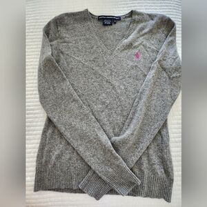 Ralph Lauren Gray V-Neck Sweater with Pink Logo